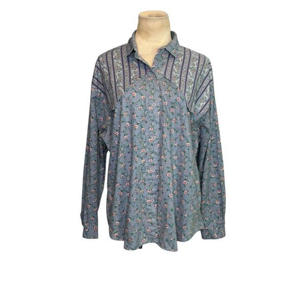 New Fashion blue pink floral long sleeves button shirt size Large - Picture 11 of 15